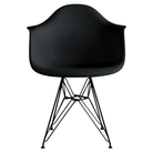 The black shell Eames Molded Plastic Armchair Wire Base from Herman Miller with the black base.