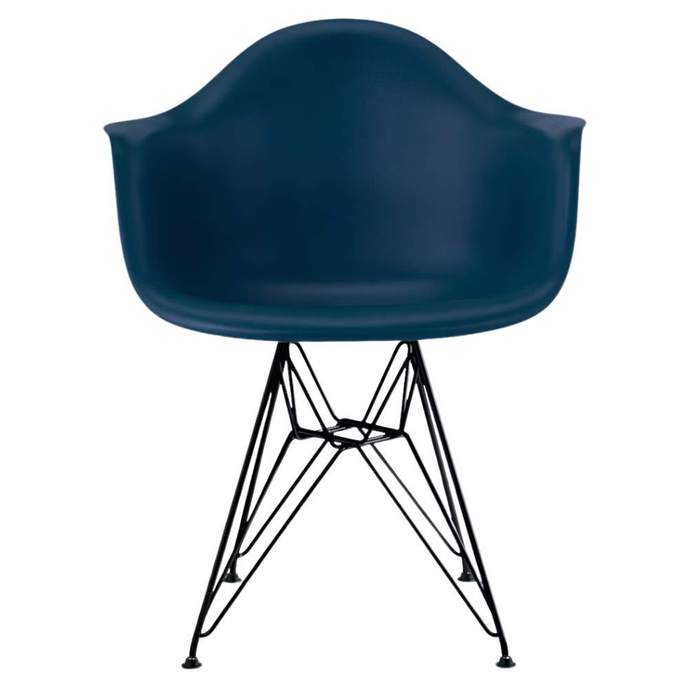The blue green shell Eames Molded Plastic Armchair Wire Base from Herman Miller with the black base.