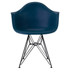 The blue green shell Eames Molded Plastic Armchair Wire Base from Herman Miller with the black base.