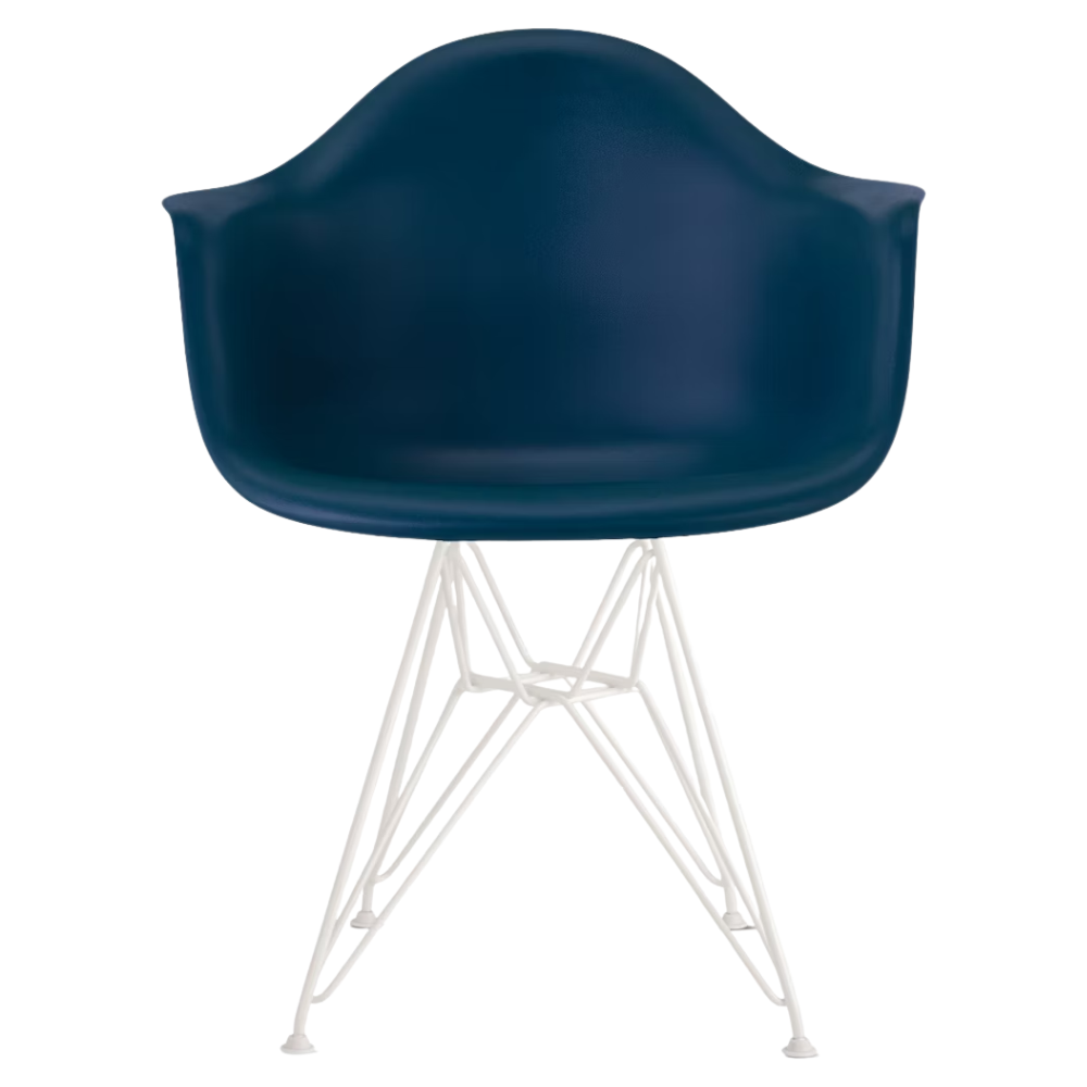 The blue green shell Eames Molded Plastic Armchair Wire Base from Herman Miller with the white base.