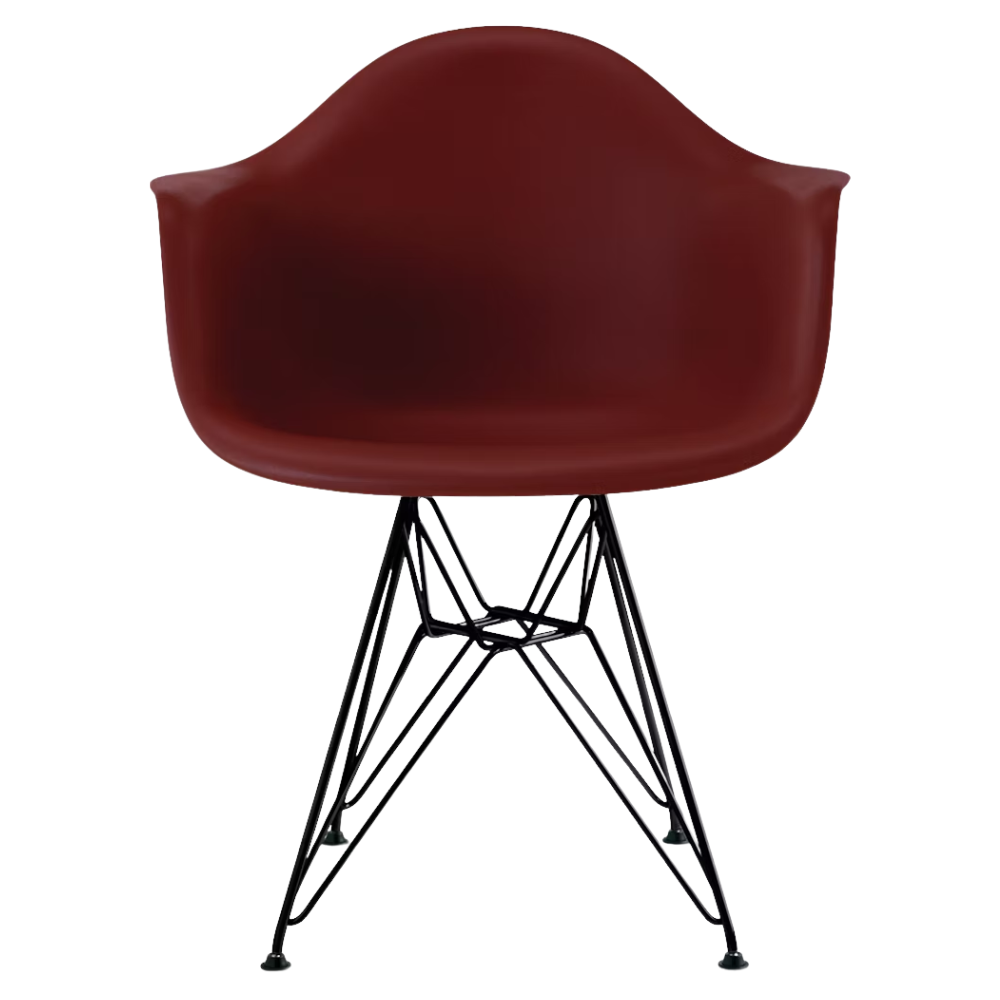 The brick red shell Eames Molded Plastic Armchair Wire Base from Herman Miller with the black base.