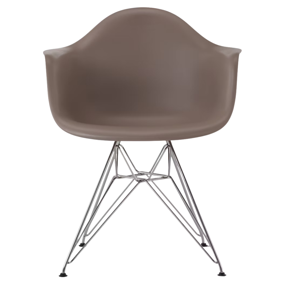 The cocoa shell Eames Molded Plastic Armchair Wire Base from Herman Miller with the trivalent chrome base.