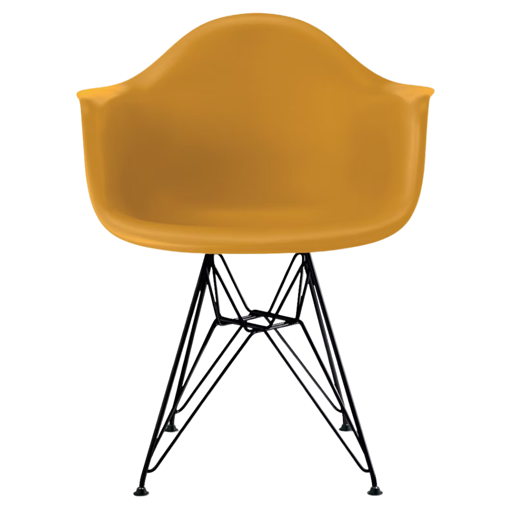 The deep yellow shell Eames Molded Plastic Armchair Wire Base from Herman Miller with the black base.