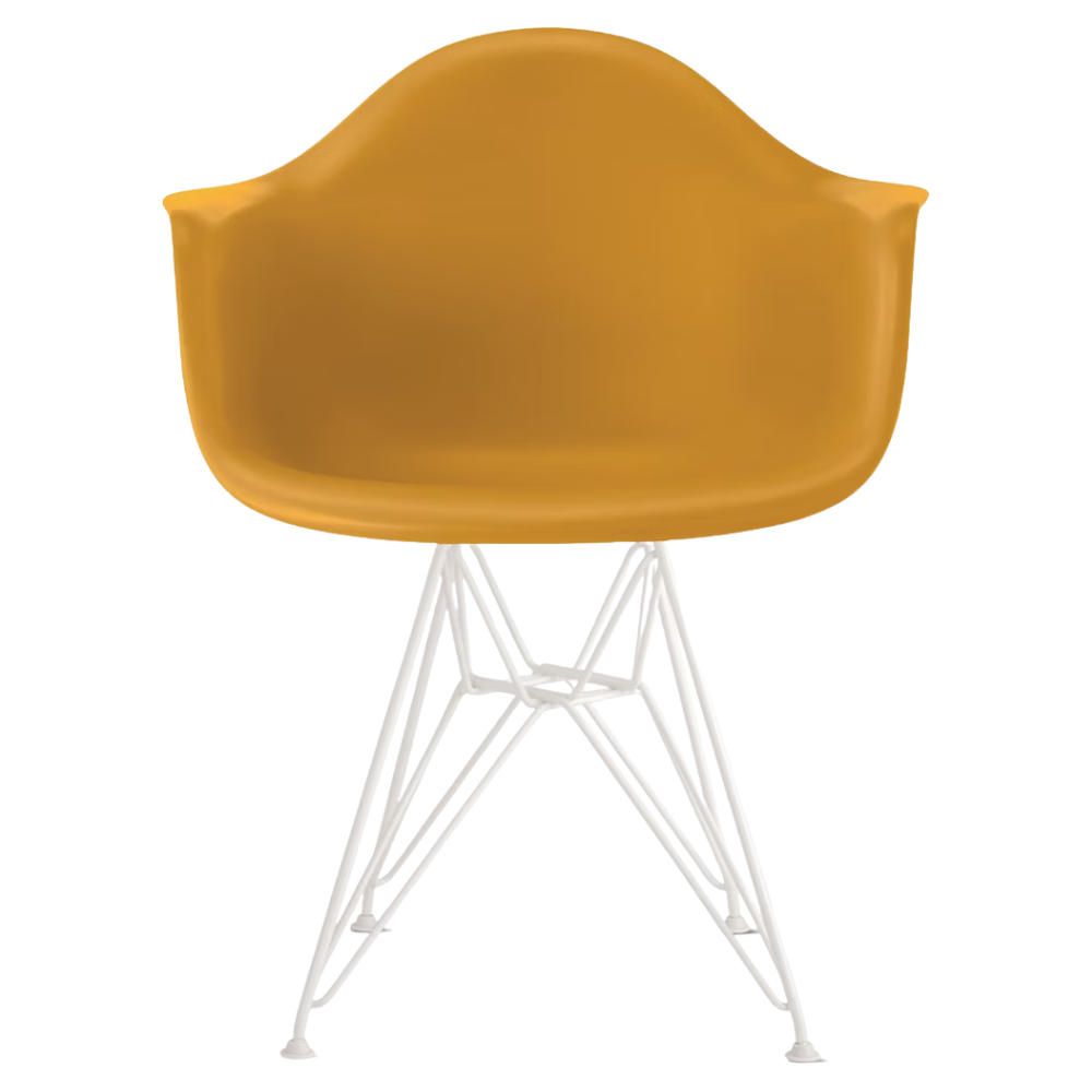 The deep yellow shell Eames Molded Plastic Armchair Wire Base from Herman Miller with the white base.