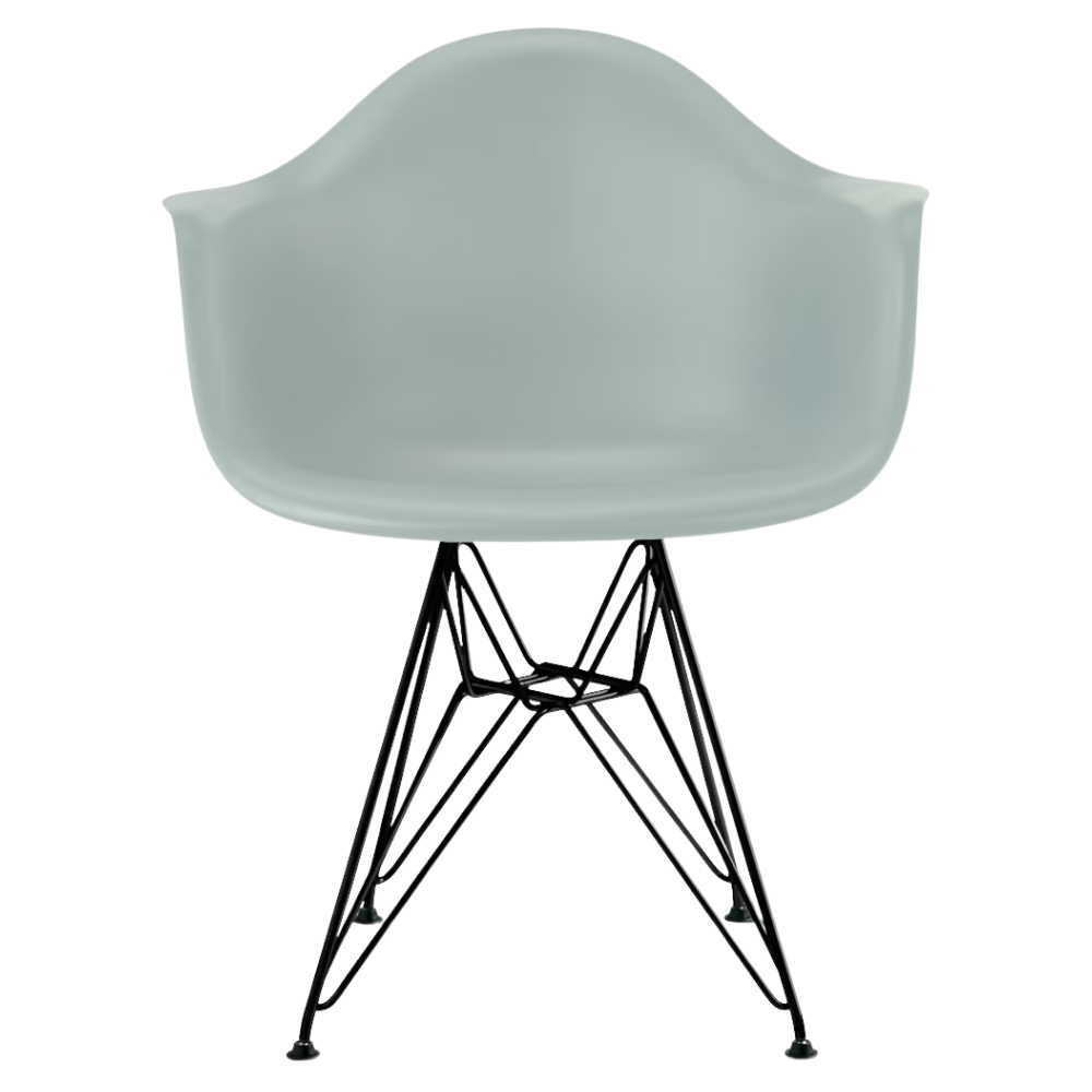 The gray green shell Eames Molded Plastic Armchair Wire Base from Herman Miller with the black base.