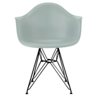 The gray green shell Eames Molded Plastic Armchair Wire Base from Herman Miller with the black base.