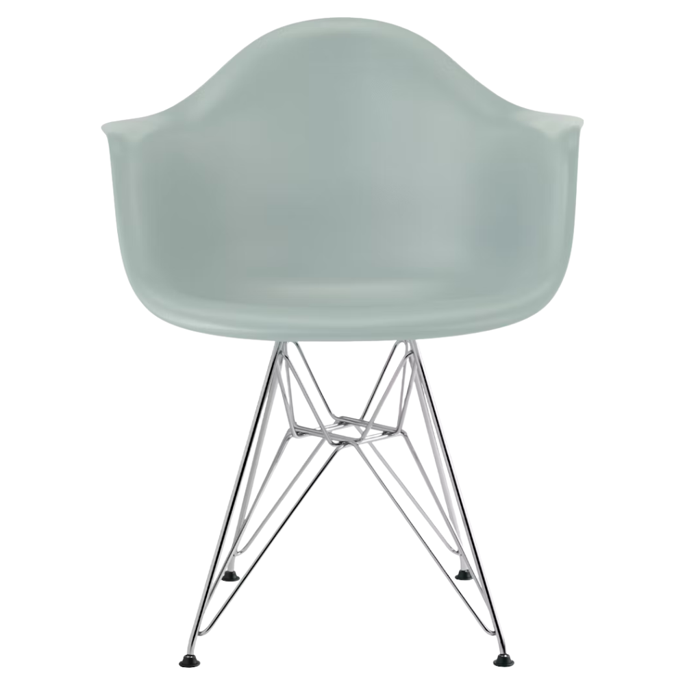 The gray green shell Eames Molded Plastic Armchair Wire Base from Herman Miller with the trivalent chrome base.