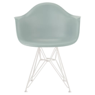 The gray green shell Eames Molded Plastic Armchair Wire Base from Herman Miller with the white base.