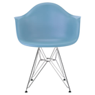 The pale blue shell Eames Molded Plastic Armchair Wire Base from Herman Miller with the trivalent chrome base.