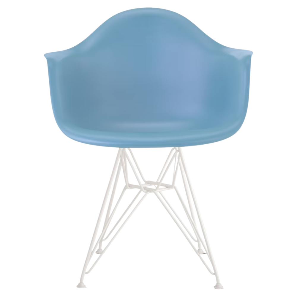 The pale blue shell Eames Molded Plastic Armchair Wire Base from Herman Miller with the white base.