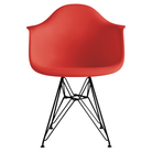 The red orange shell Eames Molded Plastic Armchair Wire Base from Herman Miller with the black base.