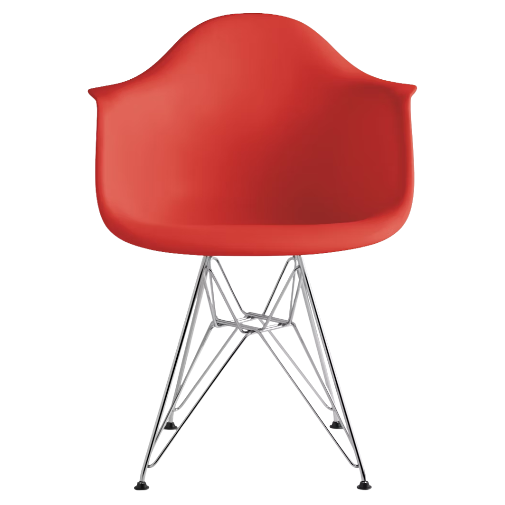 The red orange shell Eames Molded Plastic Armchair Wire Base from Herman Miller with the trivalent chrome  base.