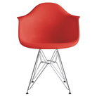 The red orange shell Eames Molded Plastic Armchair Wire Base from Herman Miller with the trivalent chrome  base.