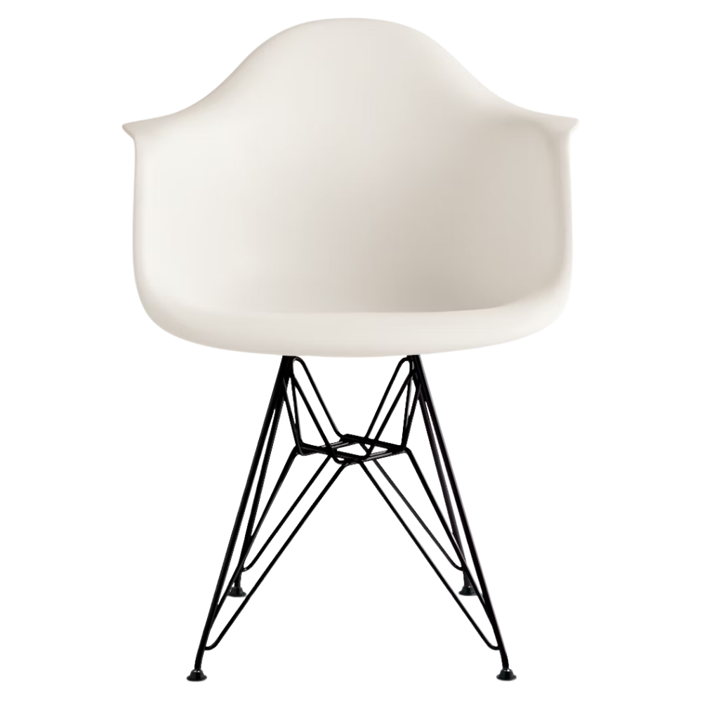 The white shell Eames Molded Plastic Armchair Wire Base from Herman Miller with the black base.