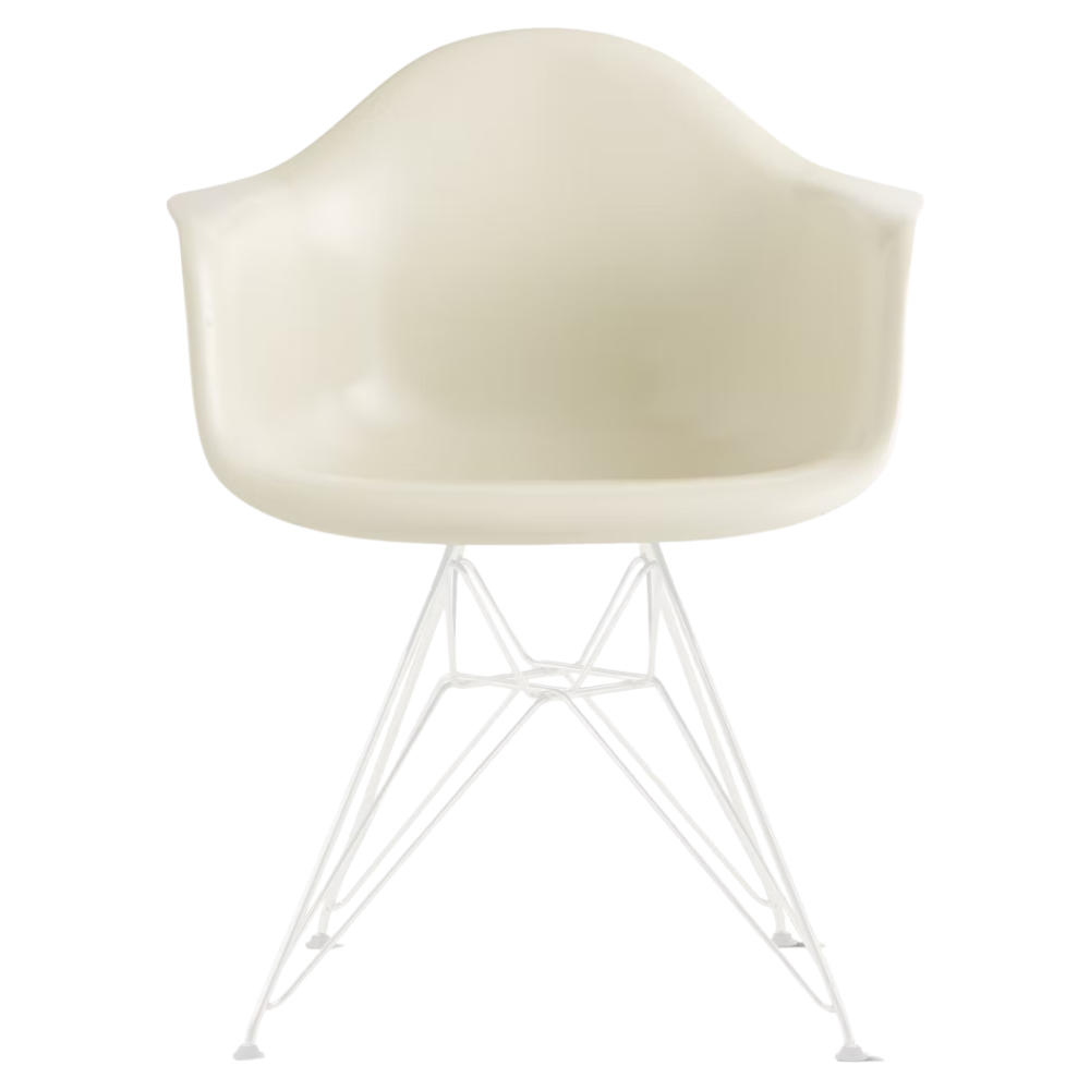 The white shell Eames Molded Plastic Armchair Wire Base from Herman Miller with the white base.