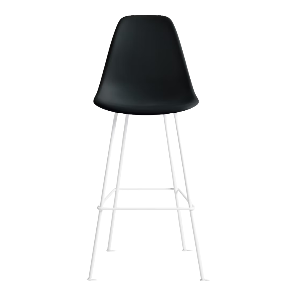 The black shell Eames Molded Plastic Bar Height Stool from Herman Miller with the white base.