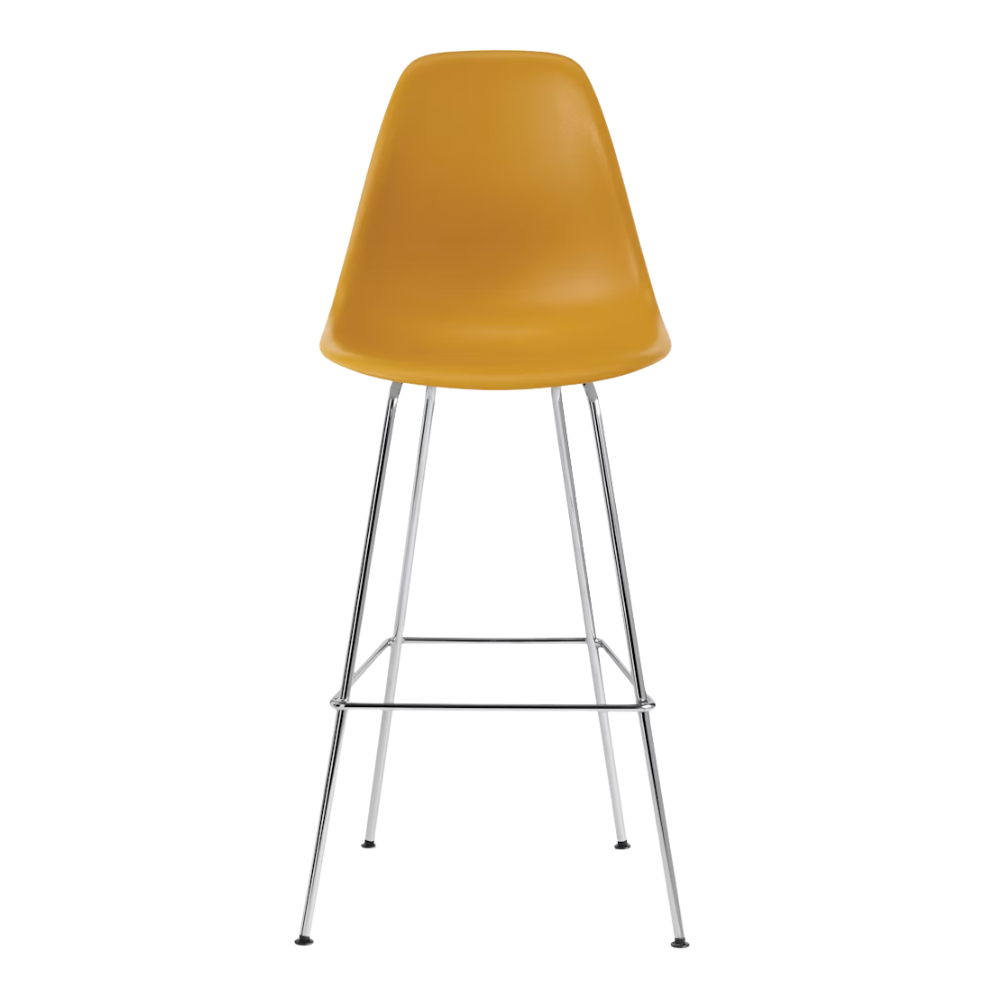 The deep yellow shell Eames Molded Plastic Bar Height Stool from Herman Miller with the trivalent chrome base.