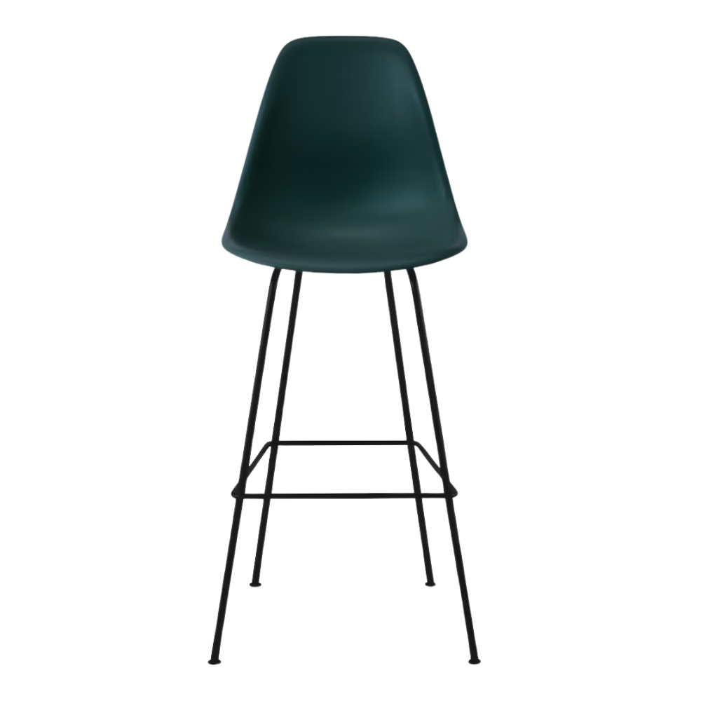 The evergreen shell Eames Molded Plastic Bar Height Stool from Herman Miller with the black base.