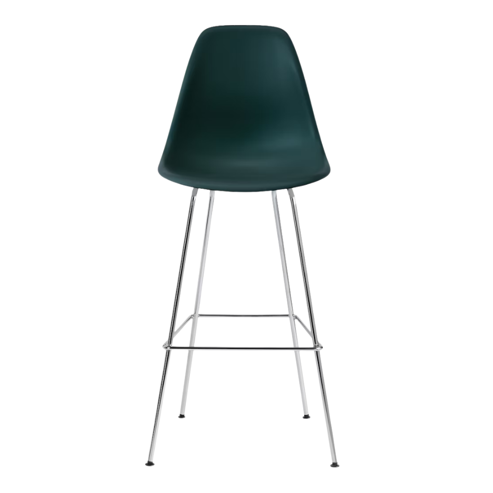 The evergreen shell Eames Molded Plastic Bar Height Stool from Herman Miller with the trivalent chrome base.