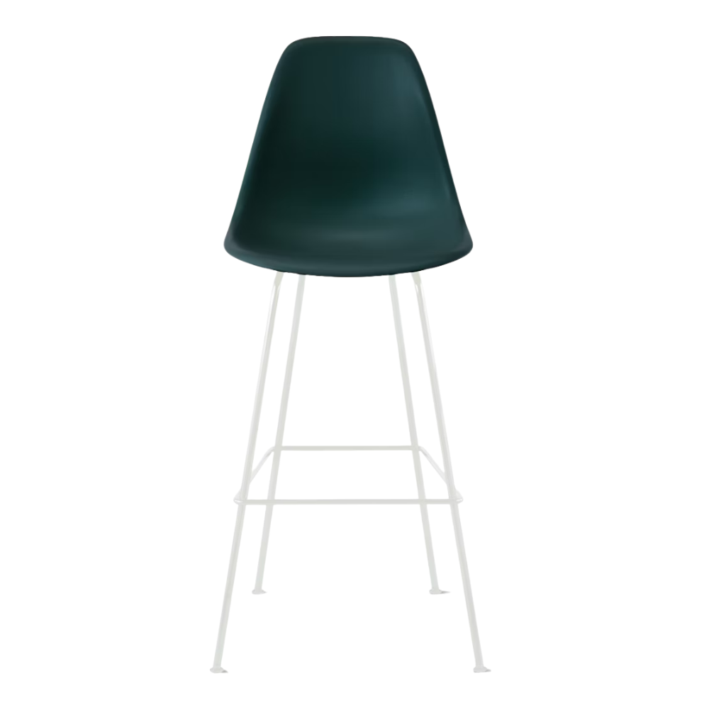 The evergreen shell Eames Molded Plastic Bar Height Stool from Herman Miller with the white base.