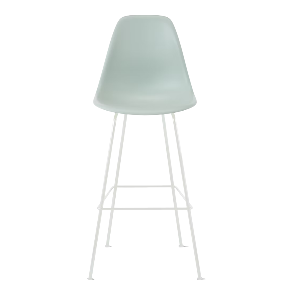 The gray green shell Eames Molded Plastic Bar Height Stool from Herman Miller with the white base.