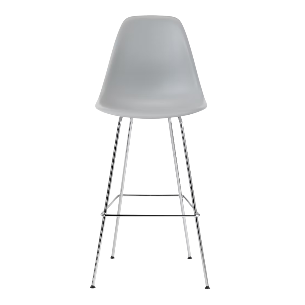 The light gray shell Eames Molded Plastic Bar Height Stool from Herman Miller with the trivalent chrome base.