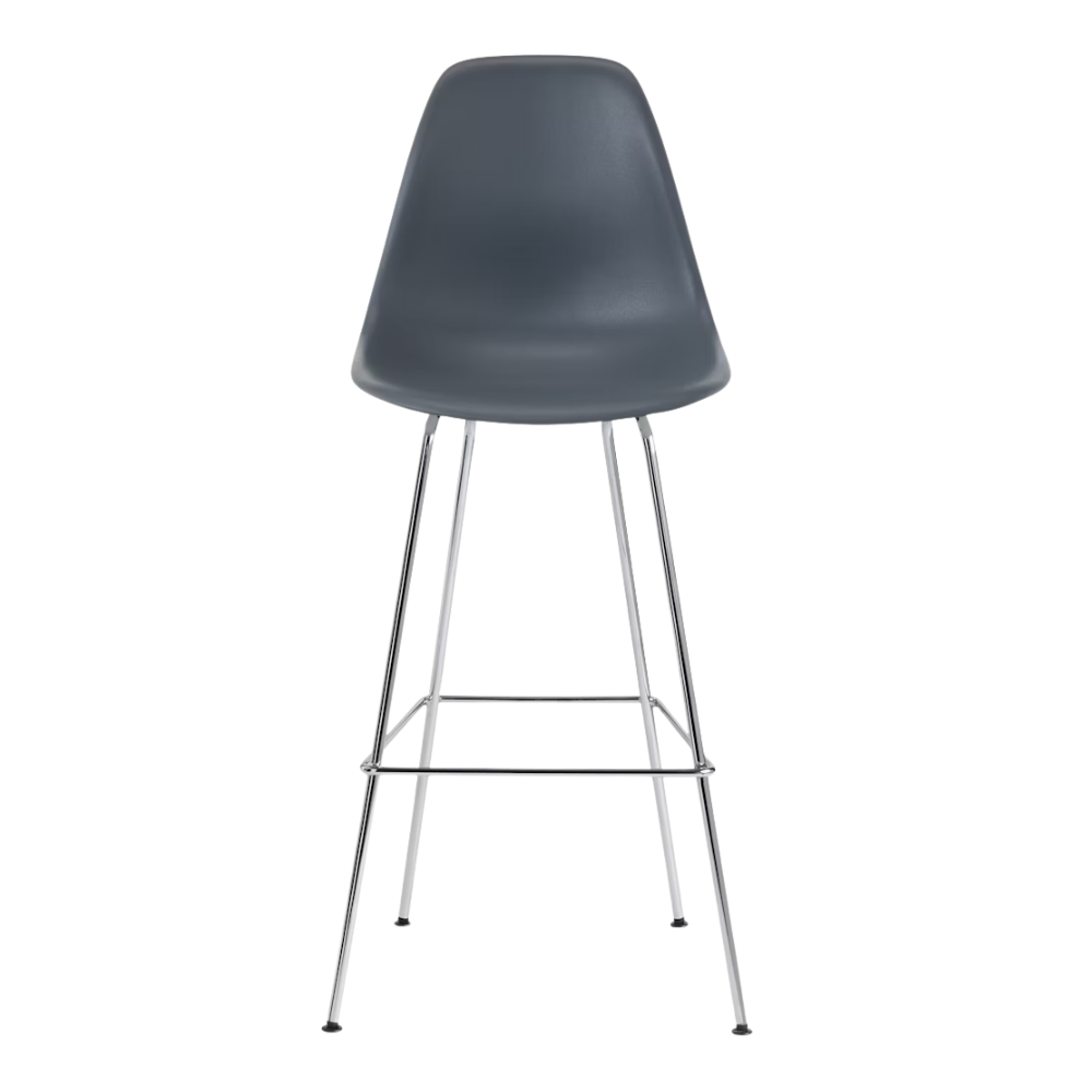 The medium gray shell Eames Molded Plastic Bar Height Stool from Herman Miller with the trivalent chrome base.
