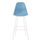The pale blue shell Eames Molded Plastic Bar Height Stool from Herman Miller with the white base.