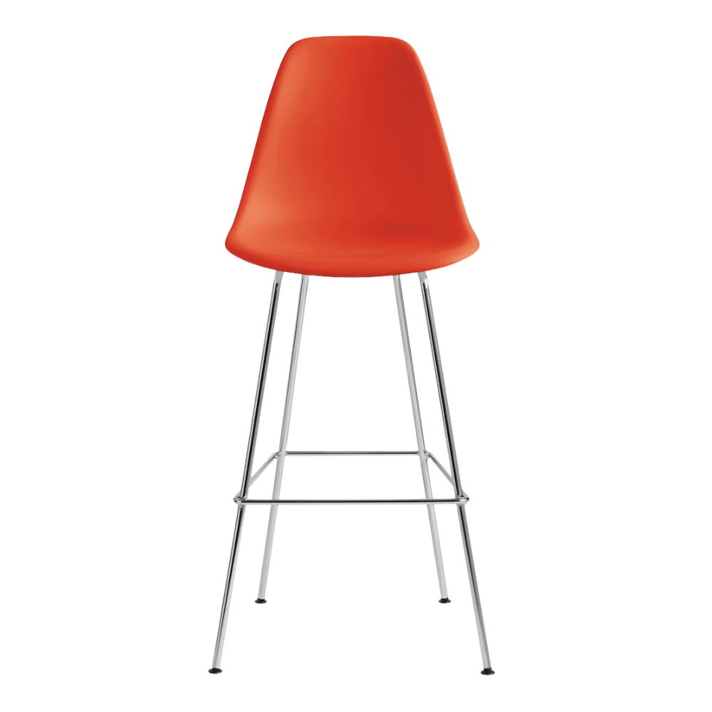 The red orange shell Eames Molded Plastic Bar Height Stool from Herman Miller with the trivalent chrome base.
