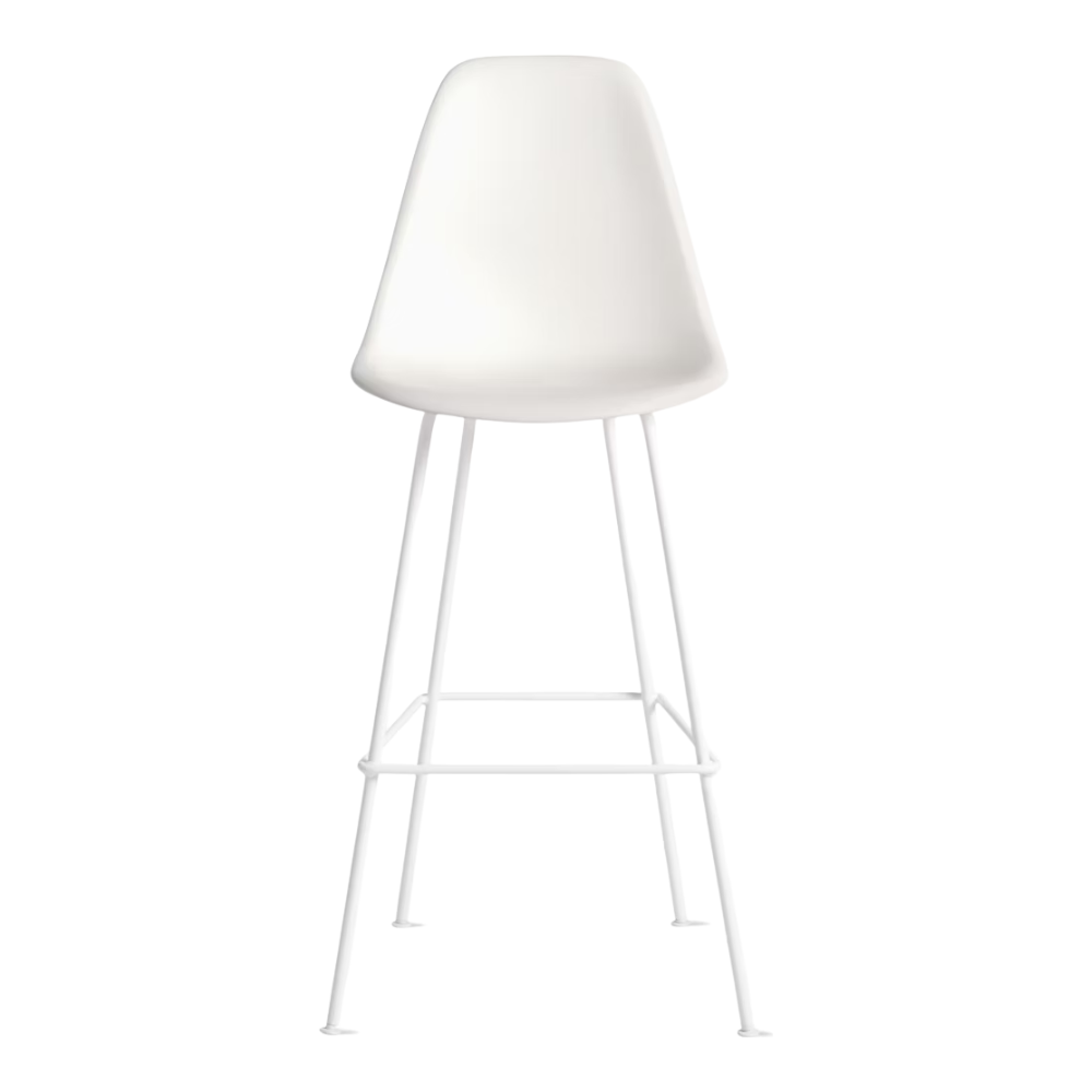 The white shell Eames Molded Plastic Bar Height Stool from Herman Miller with the white base.