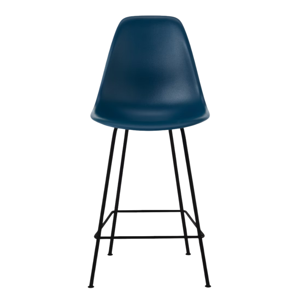 The blue green shell Eames Molded Plastic Counter Height Stool from Herman Miller with the black base.