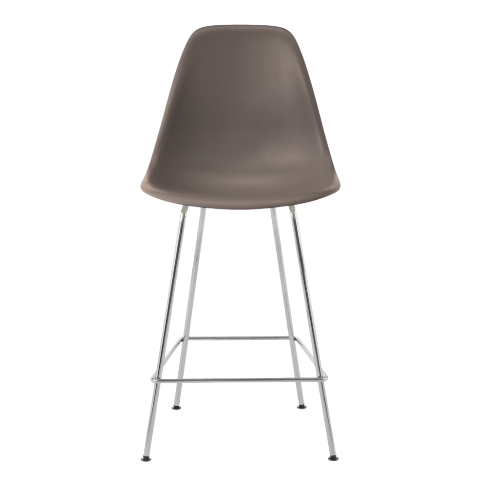 The cocoa shell Eames Molded Plastic Counter Height Stool from Herman Miller with the trivalent chrome base.