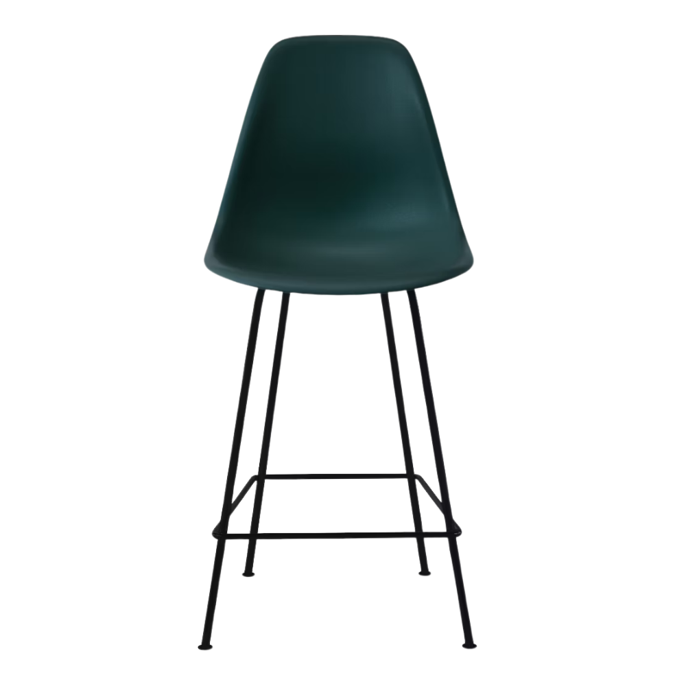 The evergreen shell Eames Molded Plastic Counter Height Stool from Herman Miller with the black base.