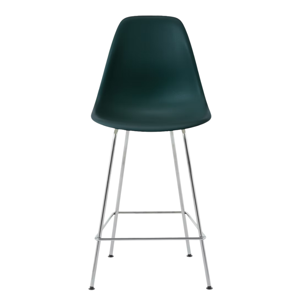 The evergreen shell Eames Molded Plastic Counter Height Stool from Herman Miller with the trivalent chrome base.
