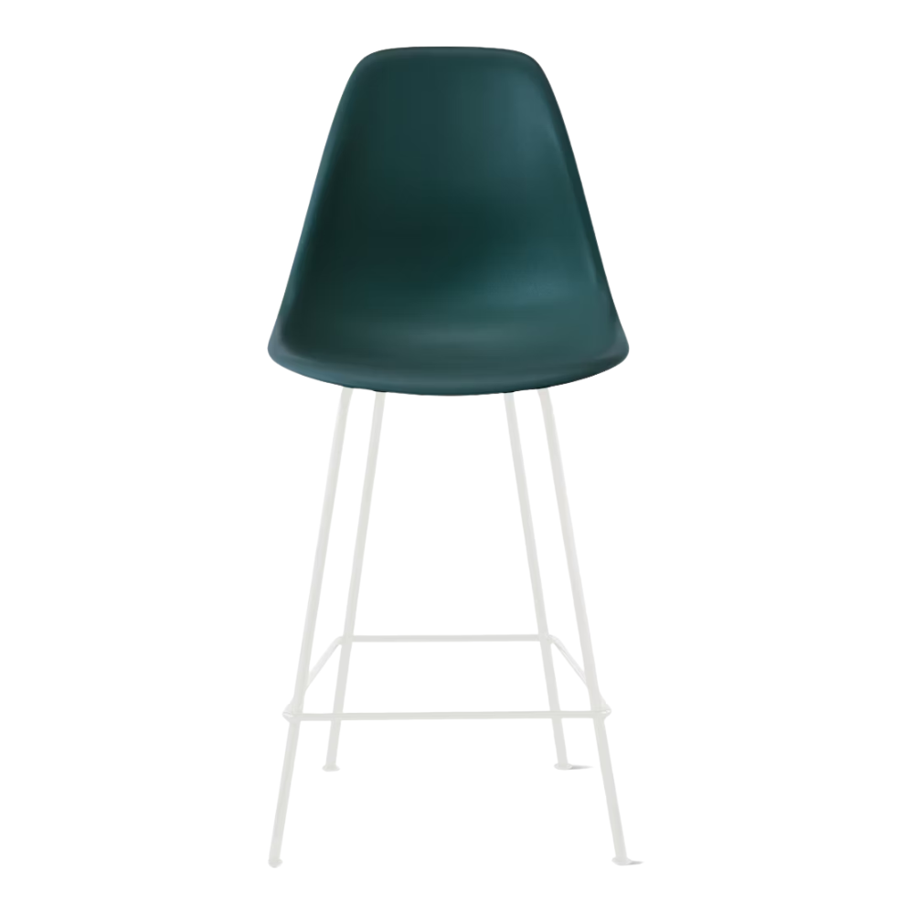 The evergreen shell Eames Molded Plastic Counter Height Stool from Herman Miller with the white base.
