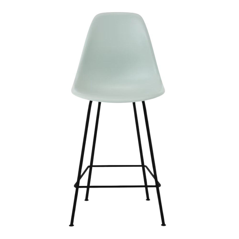 The gray green shell Eames Molded Plastic Counter Height Stool from Herman Miller with the black base.