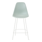 The gray green shell Eames Molded Plastic Counter Height Stool from Herman Miller with the white base.