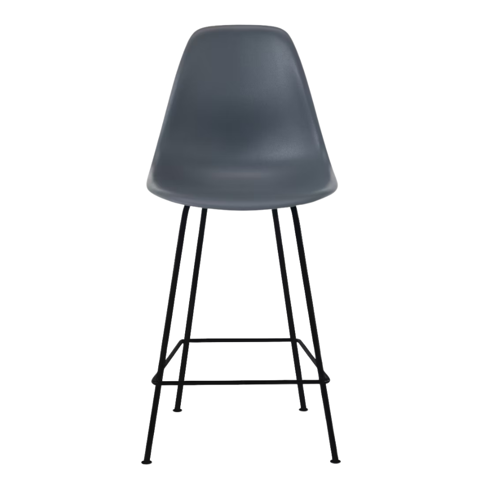 The medium gray shell Eames Molded Plastic Counter Height Stool from Herman Miller with the black base.