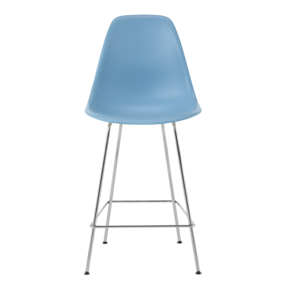 The pale blue shell Eames Molded Plastic Counter Height Stool from Herman Miller with the trivalent chrome base.