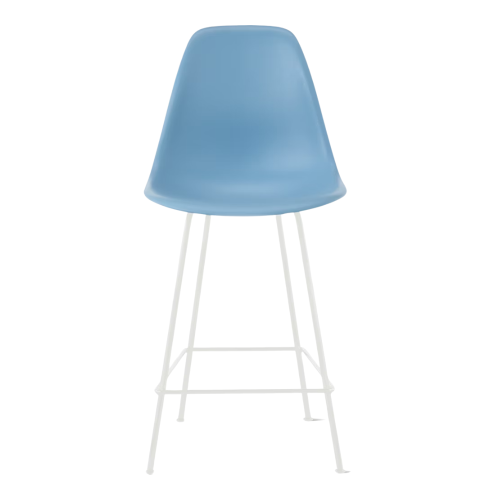 The pale blue shell Eames Molded Plastic Counter Height Stool from Herman Miller with the white base.