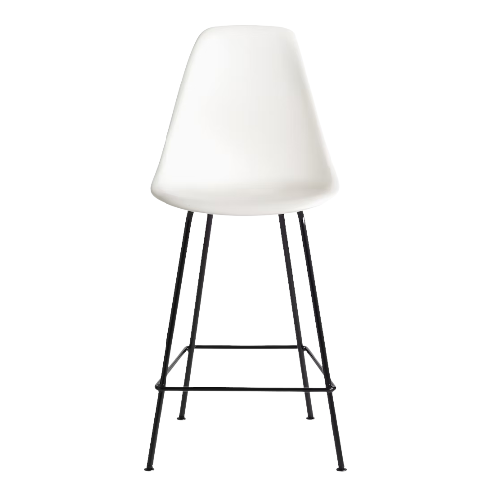 The white shell Eames Molded Plastic Counter Height Stool from Herman Miller with the black base.