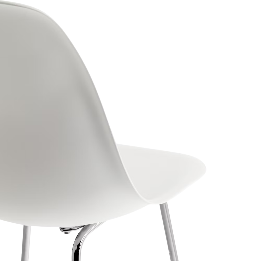 The white shell Eames Molded Plastic Counter Height Stool from Herman Miller with the trivalent chrome base close up.