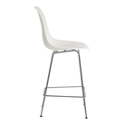 The white shell Eames Molded Plastic Counter Height Stool from Herman Miller with the trivalent chrome base from the side.