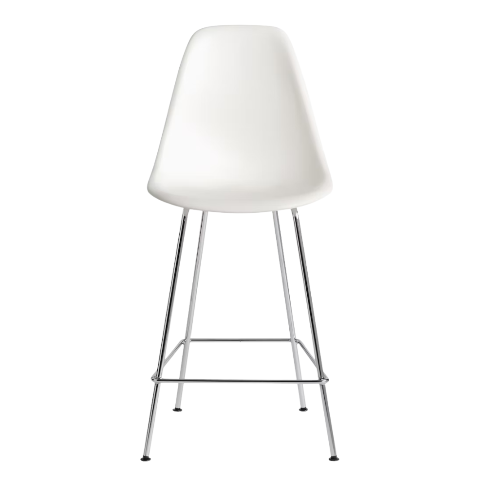 The white shell Eames Molded Plastic Counter Height Stool from Herman Miller with the trivalent chrome base.