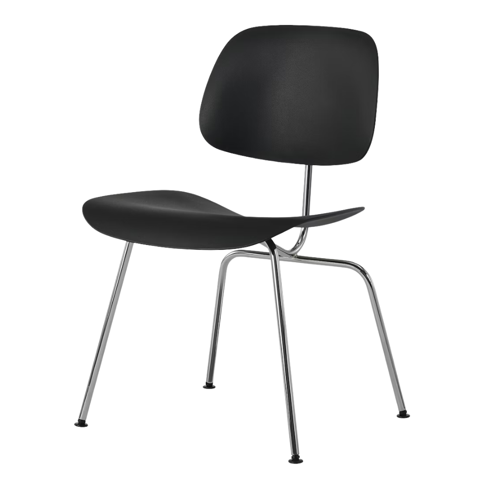The Eames Molded Plastic Dining Chair from Herman Miller with the black shell and trivalent chrome leg finish.