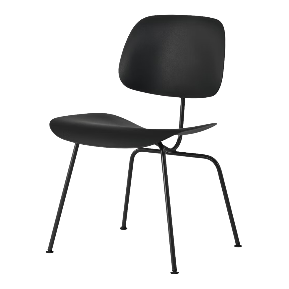 The Eames Molded Plastic Dining Chair from Herman Miller with the black shell and ultra black leg finish.
