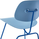 The Eames Molded Plastic Dining Chair from Herman Miller with the pale blue shell and berry blue leg finish from the back.