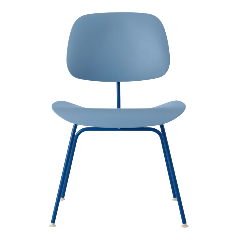 The Eames Molded Plastic Dining Chair from Herman Miller with the pale blue shell and berry blue leg finish from the front.