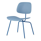 The Eames Molded Plastic Dining Chair from Herman Miller with the pale blue shell and berry blue leg finish.
