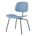 The Eames Molded Plastic Dining Chair from Herman Miller with the pale blue shell and ultra black leg finish.
